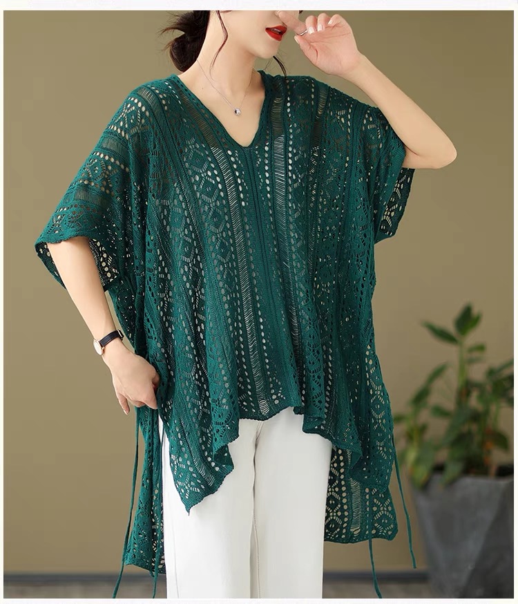 Mid-length sunscreen sweater for women in summer thin design niche irregular hollow jacket thin blouse