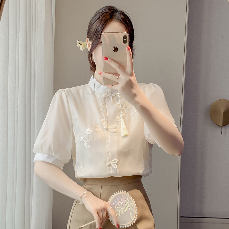 Real shot of new Chinese style chiffon top for women 2025 summer new tassel button short-sleeved shirt