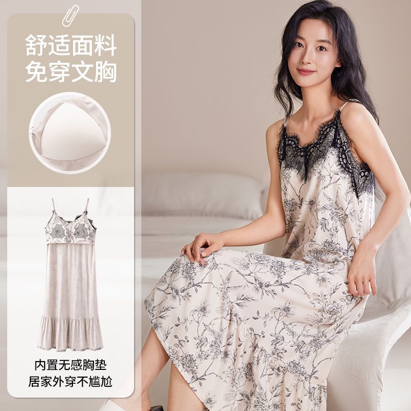 Summer modal with chest pad sexy suspender nightgown for women's home clothes casual nightgown