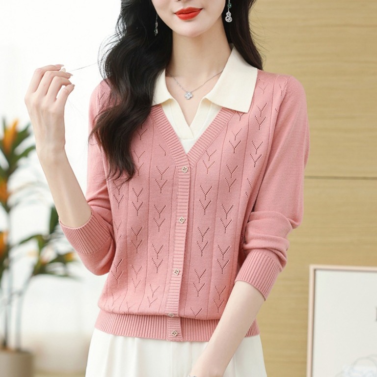 Fake two-piece knitted top for women 2025 spring and autumn clothes new fashionable and fashionable lapel sweater loose thin cardigan