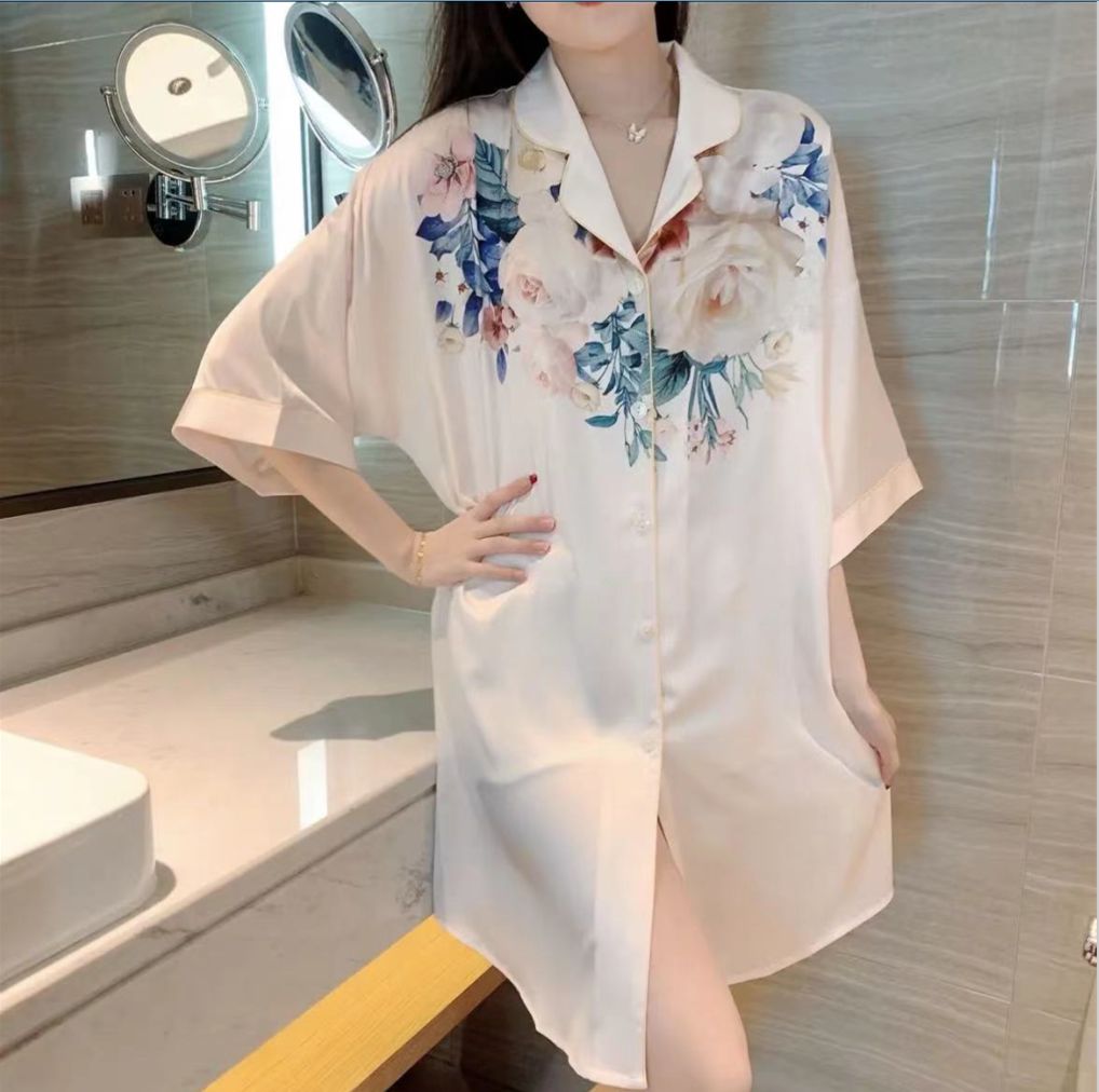 Summer ice and snow silk high density lapel cardigan short-sleeved women's nightgown sensual open button skirt women