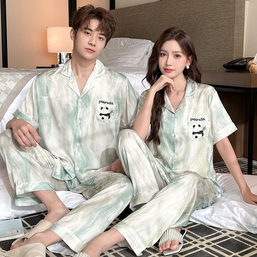 Summer ice and snow silk couple lapel cardigan shorts shorts pajamas men and women suits home clothes