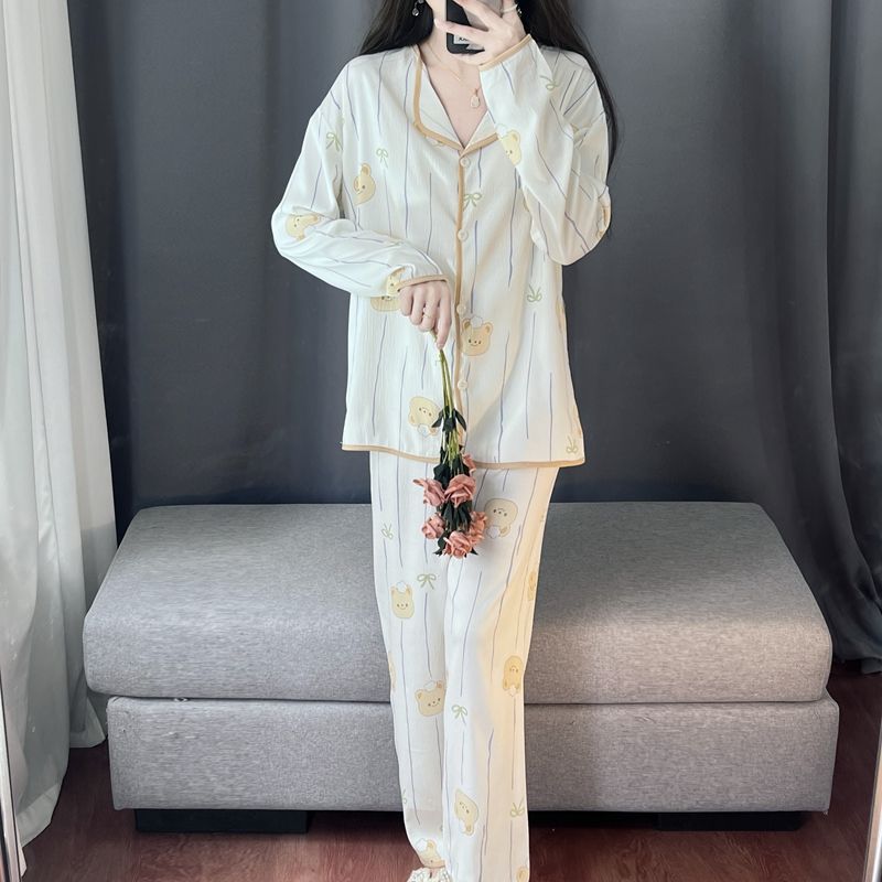 Spring and autumn ins style pajamas women long sleeves long trousers cartoon small lapel cardigan cloud cotton home clothes women's suit