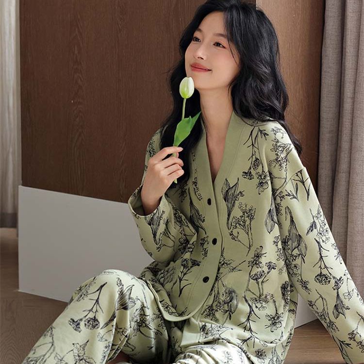 Spring imitation cotton sweet V-neck cardigan long sleeve trousers pajamas women's suit casual home clothes