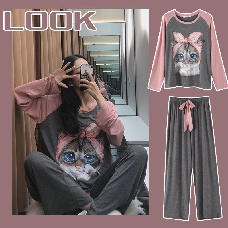Pajamas for women in spring and autumn long sleeves thin milk silk cute cartoon two-piece set casual home clothes