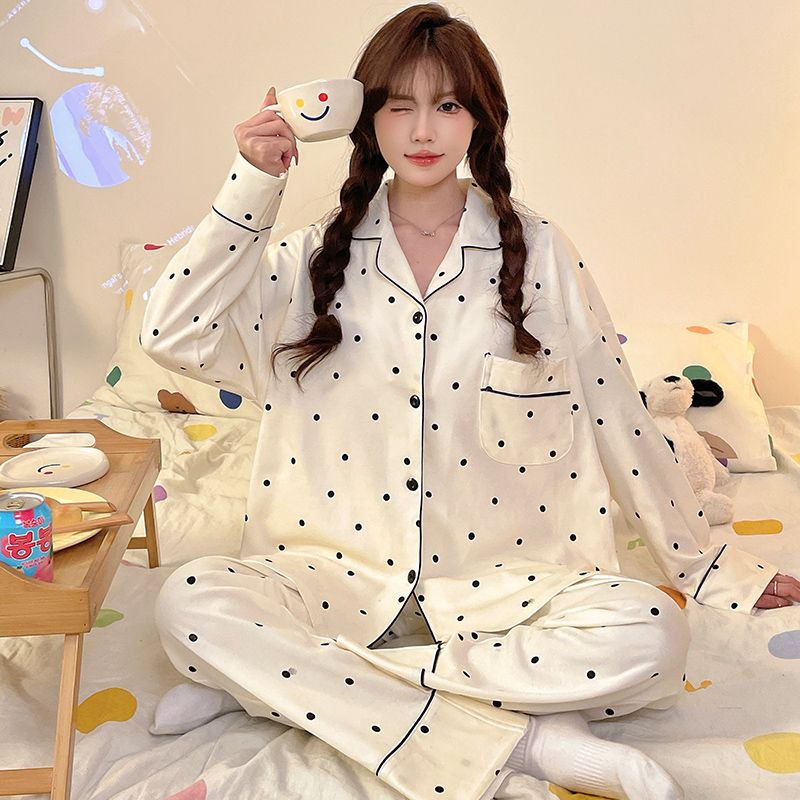 Spring imitation cotton with chest pad lapel cardigan long-sleeved pajamas women's suit home clothes