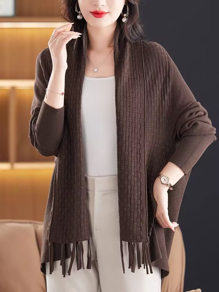 200 catties large size women's fringed shawl spring and autumn new knitted cardigan loose and fashionable mother's sweater jacket