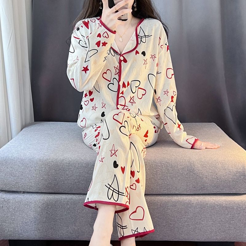 Spring and autumn ins style pajamas women long sleeves long trousers cartoon small lapel cardigan cloud cotton home clothes women's suit