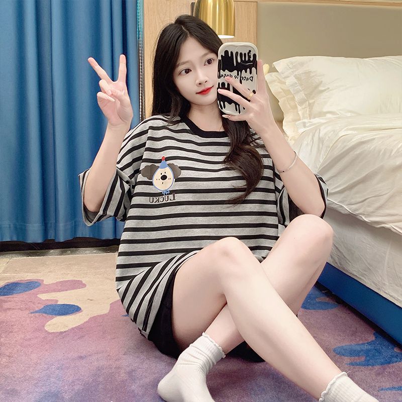 Summer tie-up imitation cotton round neck short sleeve shorts pajamas women's suit casual and comfortable home clothes