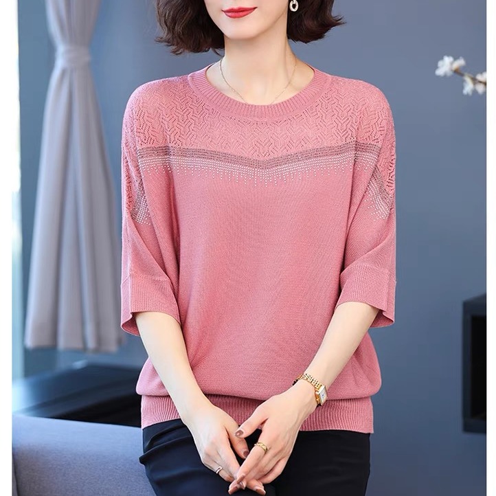 Fat mm spring and autumn extra-large size ice silk sweater mid-sleeved women loose mother dress hollow thin T-shirt covered belly thin top