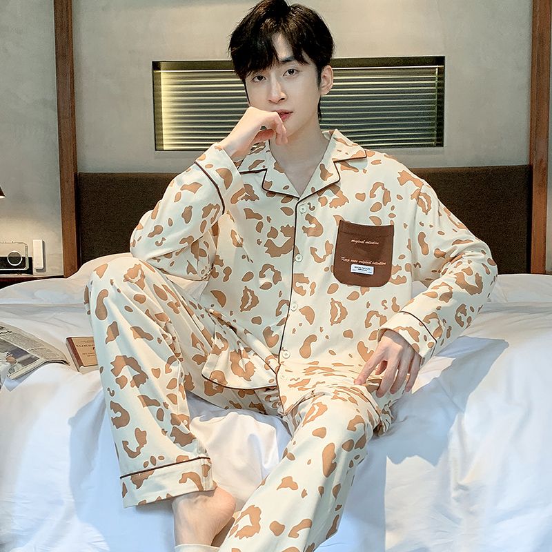 Spring and Autumn Pure Cotton Men's Lapel Cardigan Long Sleeve Pajamas Men's Set Casual Home Clothing