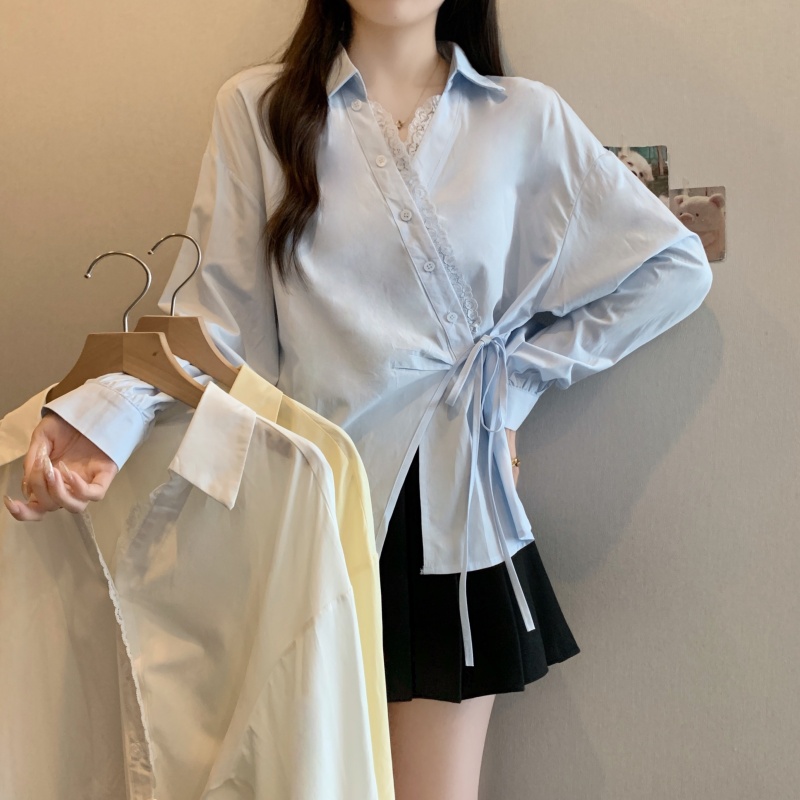 Real shot-2025 large-size women's new style fat girl's temperament slimming irregular design lace splicing shirt