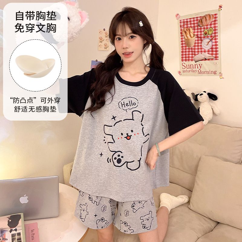 Summer imitation cotton with chest pad cartoon round neck short-sleeved pajamas women's suit casual home clothes