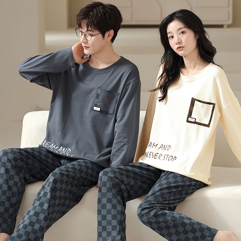 Spring pure cotton couple round neck long sleeve trousers pajamas men and women suit home casual clothing