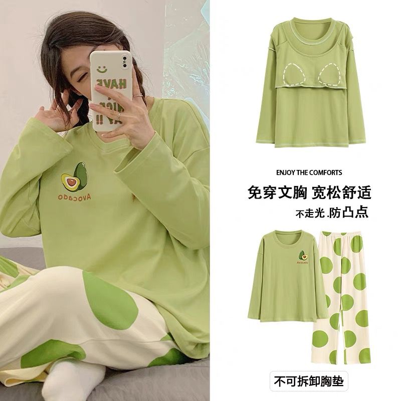 Spring pajamas with chest pad for women's long-sleeved trousers two-piece pajamas round neck pullover printed home clothes can be worn outside