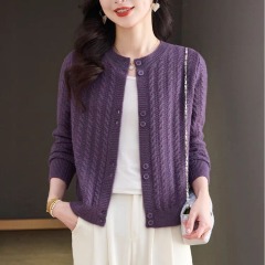 Twist short sweater jacket for women with small spring and autumn design round neck wool knitted cardigan