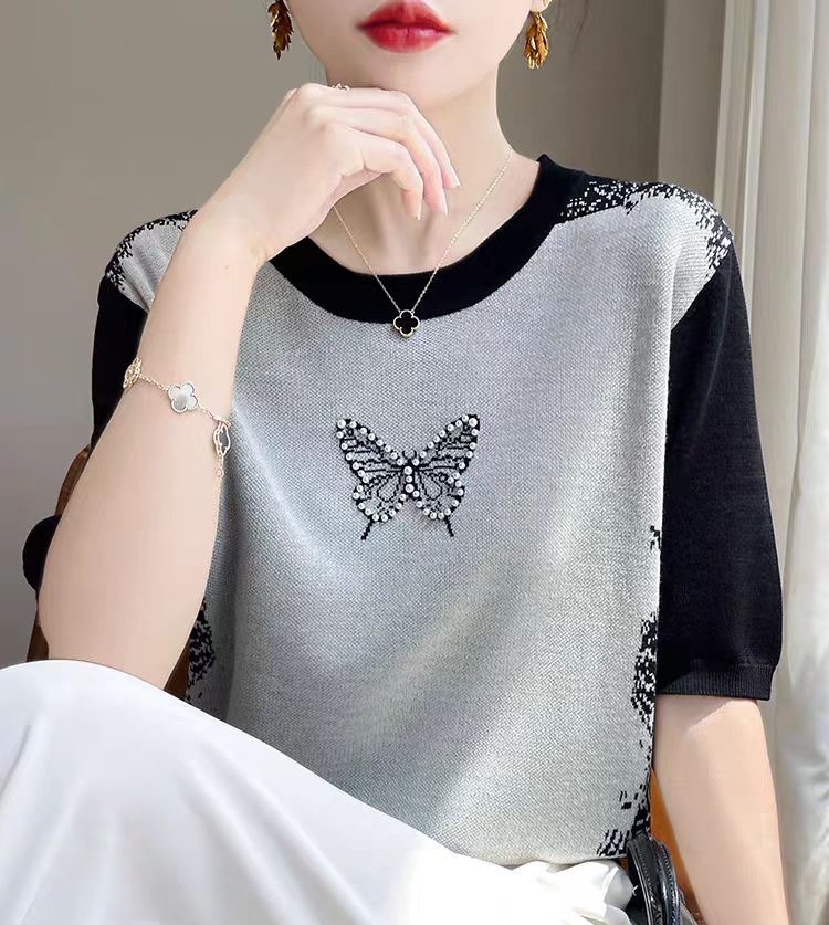 Short-sleeved T-shirt for women 2025 new fashion plus size women's summer thin ice silk sweater top