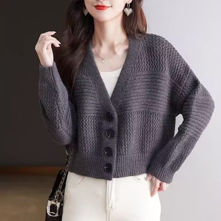 Women's knitted wool cardigan spring and autumn short high-waist top bat sleeve loose thickened autumn and winter sweater jacket