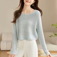 Ice silk knitted hollow long-sleeved T-shirt round neck loose slim niche design short shirt summer shirt