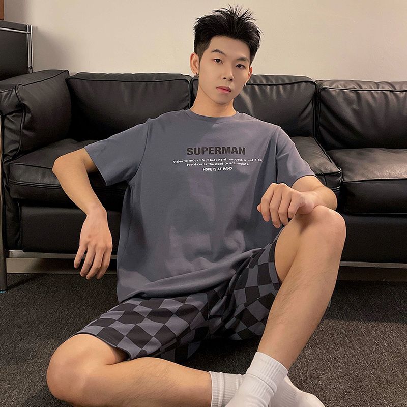Summer imitation cotton men's round neck short sleeve shorts pajamas men's suit casual home clothes