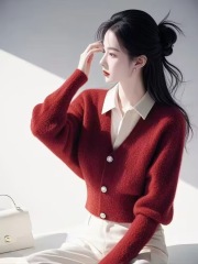Contrasted color spliced ​​lapel long-sleeved knitted cardigan women's clothing this year's super beautiful tops to reduce age and fashionable fake two-piece sweater