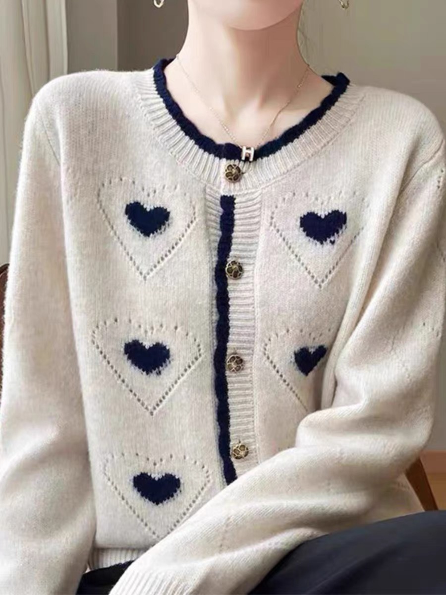 Cashmere cardigan women's round neck color-blocking love hollow crochet knitted sweater jacket loose wool top