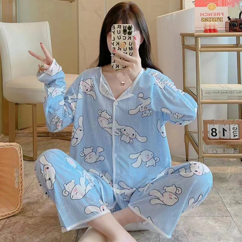 Spring and Autumn Live Pajamas Women's Cardigan Long Sleeve Trousers Milk Silk Strip Sweet Cute Home Clothing Set