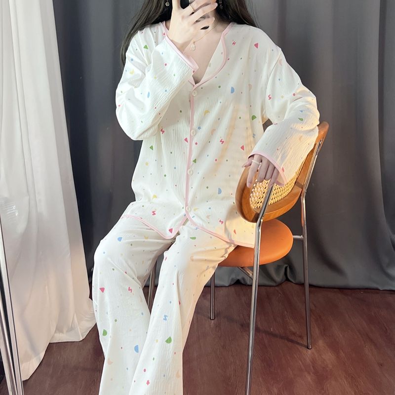 Spring and autumn ins style pajamas women long sleeves long trousers cartoon small lapel cardigan cloud cotton home clothes women's suit