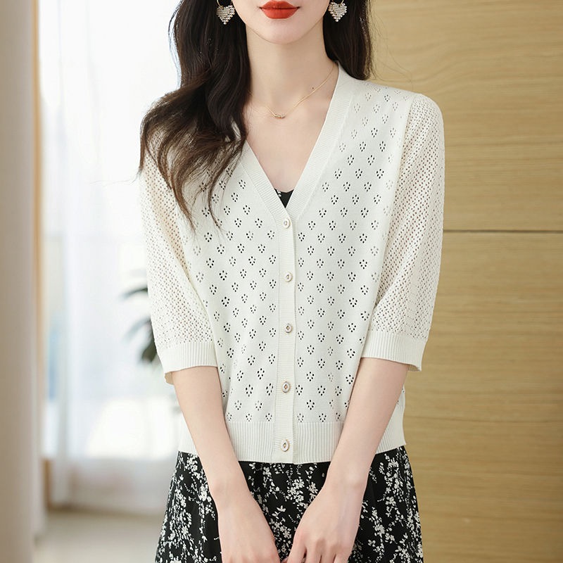 Large size women's mulberry silk knitted cardigan sunscreen shirt summer new style with skirt short mid-sleeved shawl