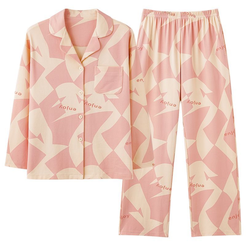 Spring and Autumn Long Sleeve Trousers Cardigan Lapel Imitation Cotton 180g Pajamas Women's Sweet Cartoon Home Clothing Women's Set