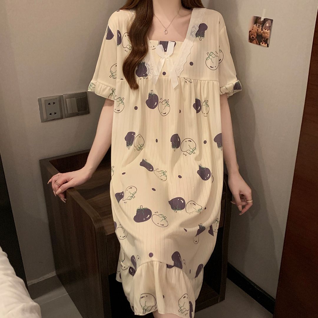 Summer milk silk pit strip lace lace square collar short-sleeved nightgown women's home clothes body dress