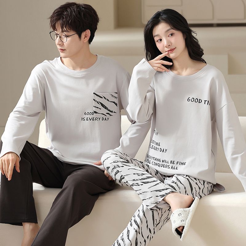 Spring pure cotton couple round neck long sleeve trousers pajamas men and women suit home casual clothing