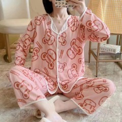Spring and Autumn Live Pajamas Women's Cardigan Long Sleeve Trousers Milk Silk Strip Sweet Cute Home Clothing Set