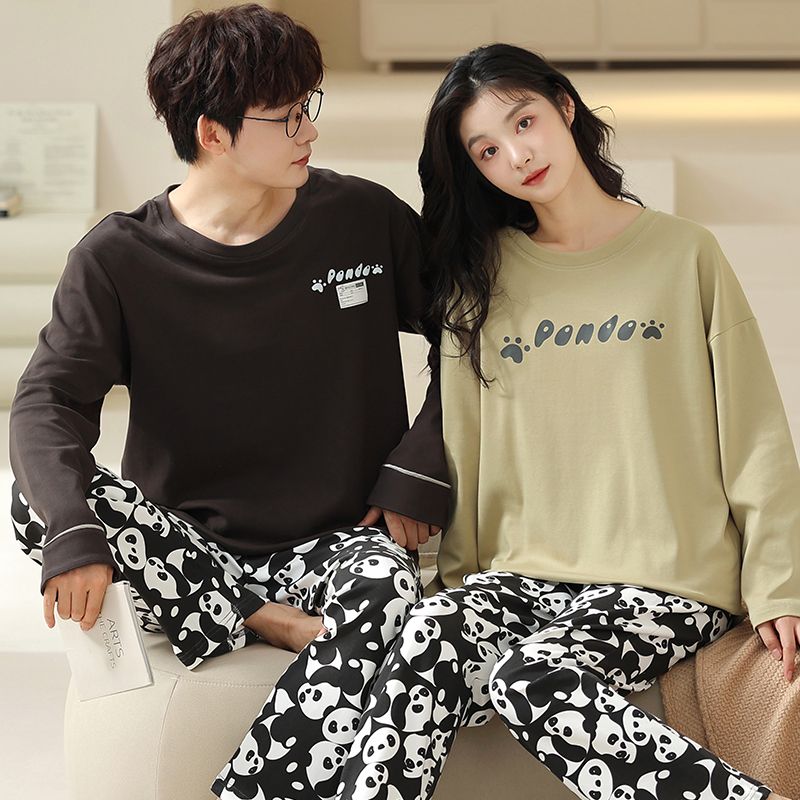 Spring pure cotton couple round neck long sleeve trousers pajamas men and women suit home casual clothing