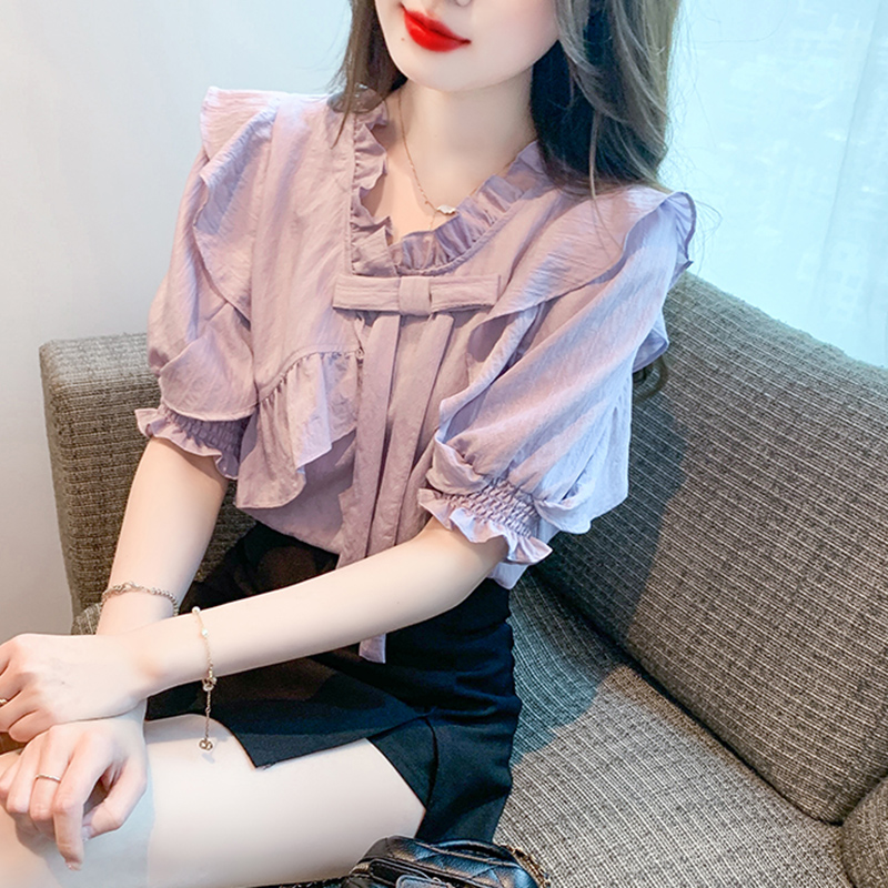 Real shot Independent insect Romantic song 2025 summer new shirt design bubble short sleeve top ladies shirt