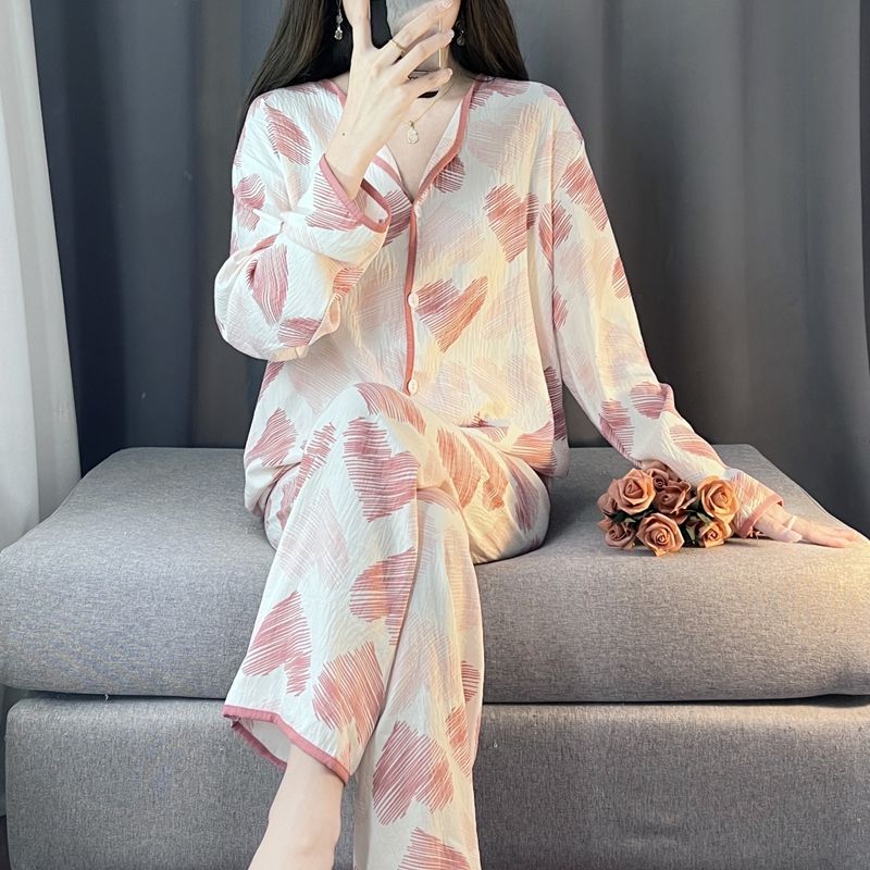 Spring and autumn ins style pajamas women long sleeves long trousers cartoon small lapel cardigan cloud cotton home clothes women's suit