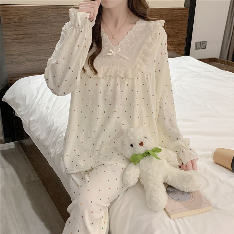 Spring cloud cotton with chest pad lace cardigan long-sleeved pajamas women's suit