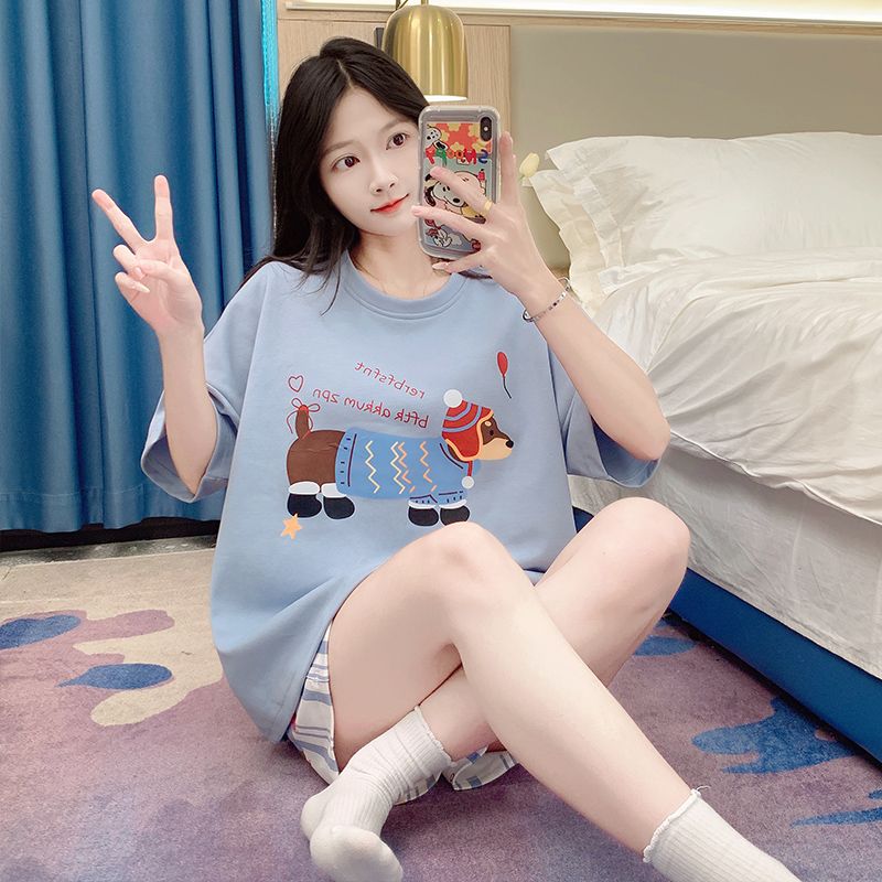 Summer imitation cotton men's round neck short sleeve shorts pajamas men's suit casual home clothes