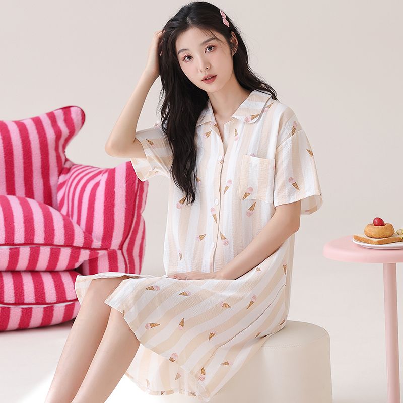 Summer cloud cotton with chest pad lapel cardigan short-sleeved nightgown ladder ladder ladder ladies home clothes outside
