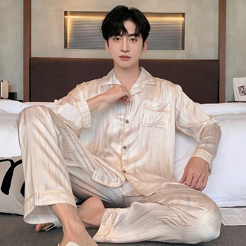 Spring ice silk men's lapel cardigan long sleeve trousers pajamas men's suit home clothes