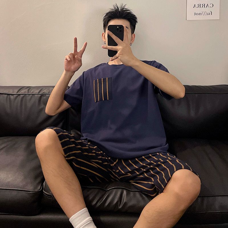 Summer imitation cotton men's round neck short sleeve shorts pajamas men's suit casual home clothes