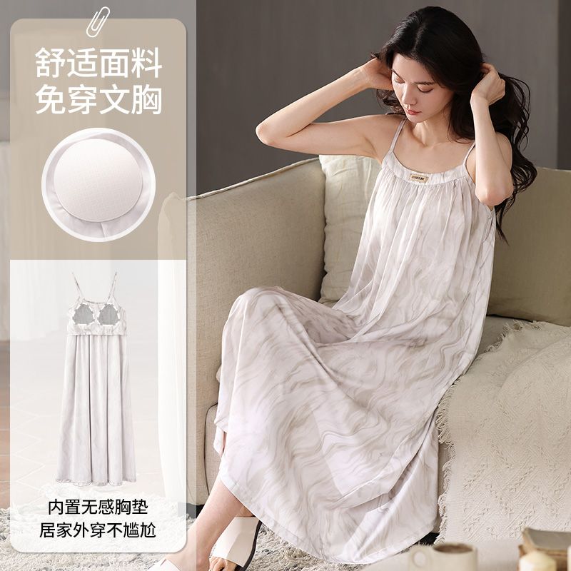 Summer ice and snow ribbon chest pad sexy suspender nightgown women's home dress dress dress