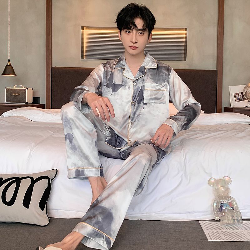 Spring ice silk men's lapel cardigan long sleeve trousers pajamas men's suit home clothes