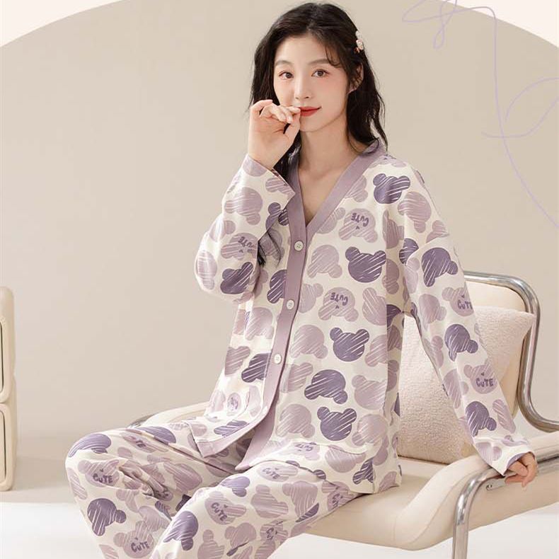 Spring imitation cotton sweet V-neck cardigan long sleeve trousers pajamas women's suit casual home clothes