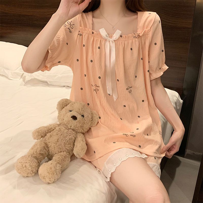 Summer cloud cotton lace lace one-shoulder short-sleeved pajamas women's suit casual home clothes