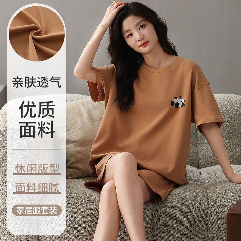 Summer pure cotton round neck short sleeve shorts pajamas women's suit casual cartoon home clothes outside wear