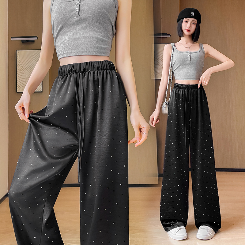 Real-life acetic acid iron diamond wide-leg pants for women 2025 spring and summer new Korean version high waist droop casual straight pants floor pants