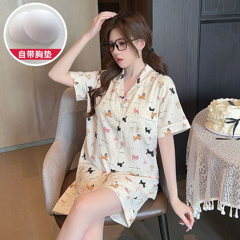 Summer cloud cotton with chest pad plus fat plus size lapel cardigan short pajamas women's suit