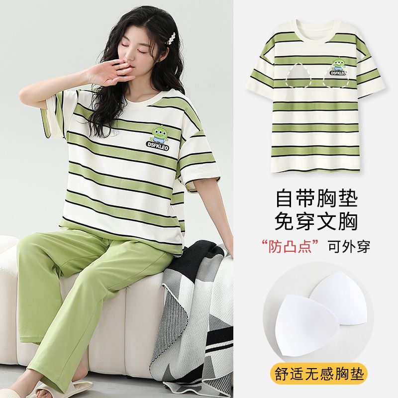 Summer tie-up imitation cotton with chest pad round neck short-sleeved trousers pajamas women's suit home clothes