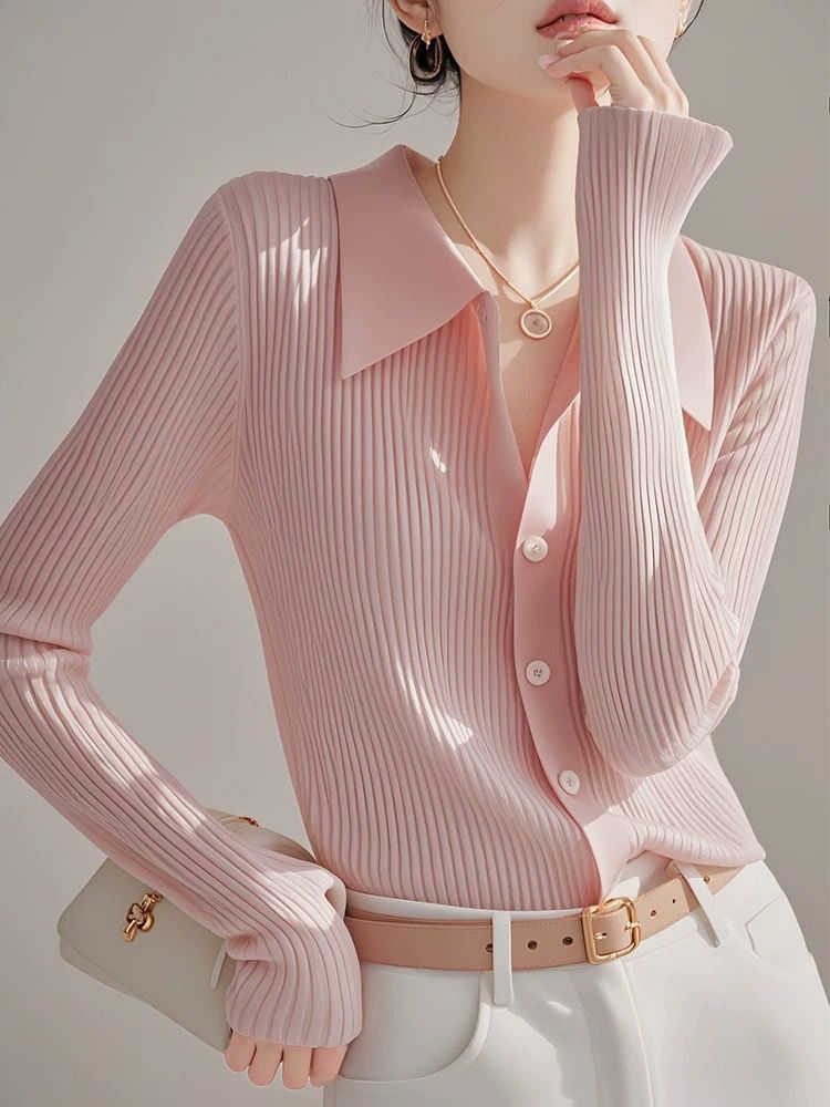 Pink sweater 2025 autumn design niche high-end temperament unique and beautiful slim polo collar top